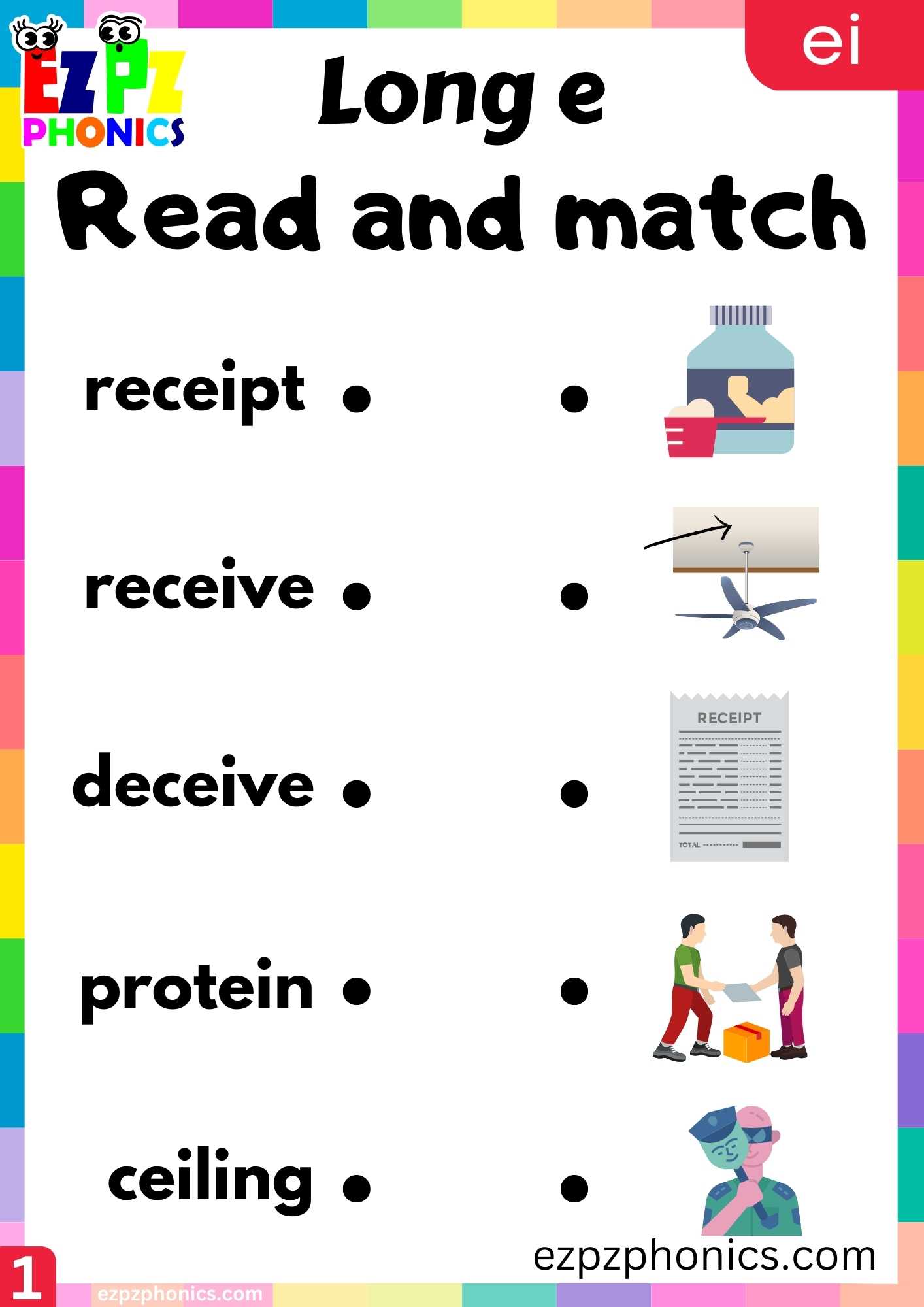 EI Words Read And Match Long E Phonics Worksheet